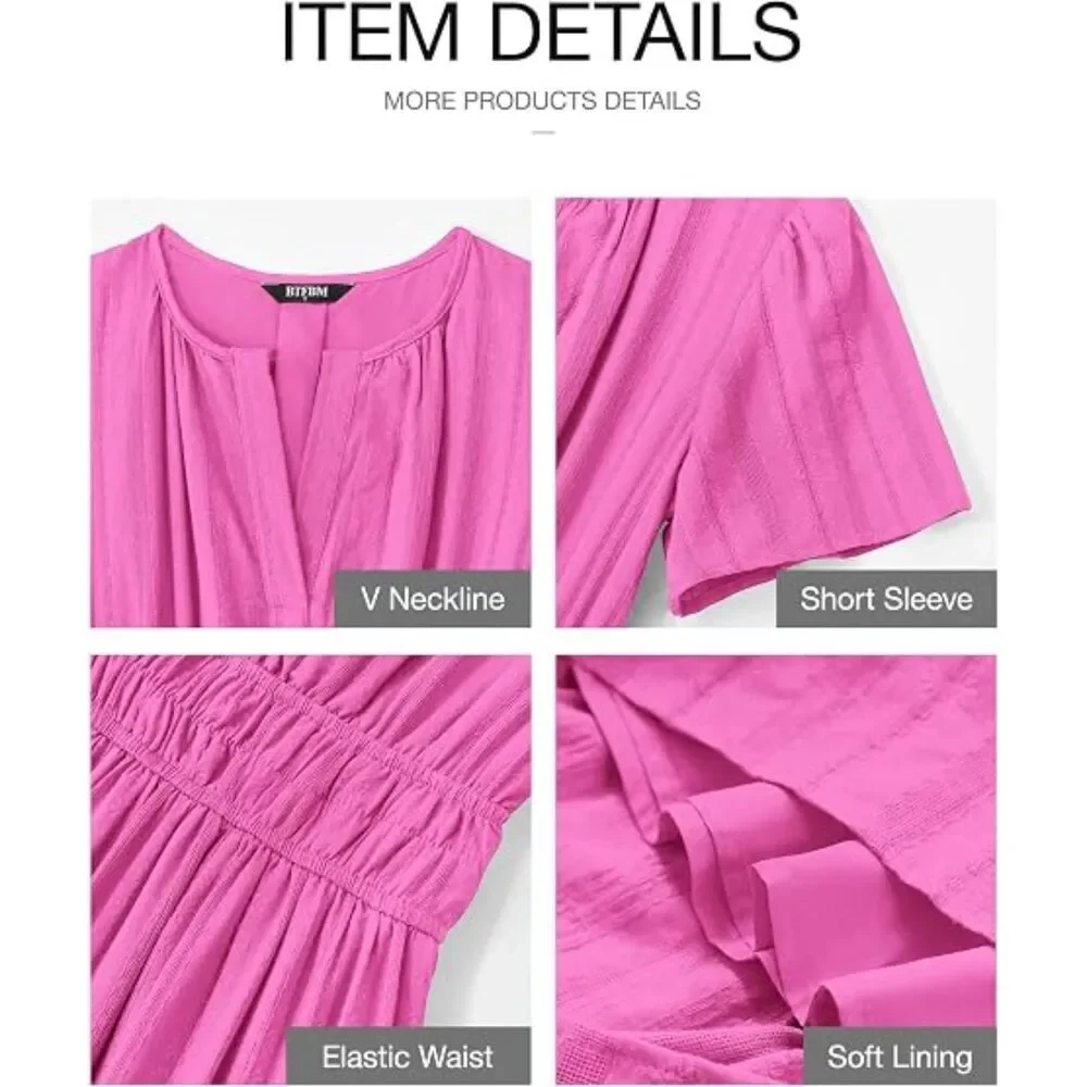 Women's Rose Red V Neck Short Sleeve A Line Summer Casual Maxi Dress Pockets